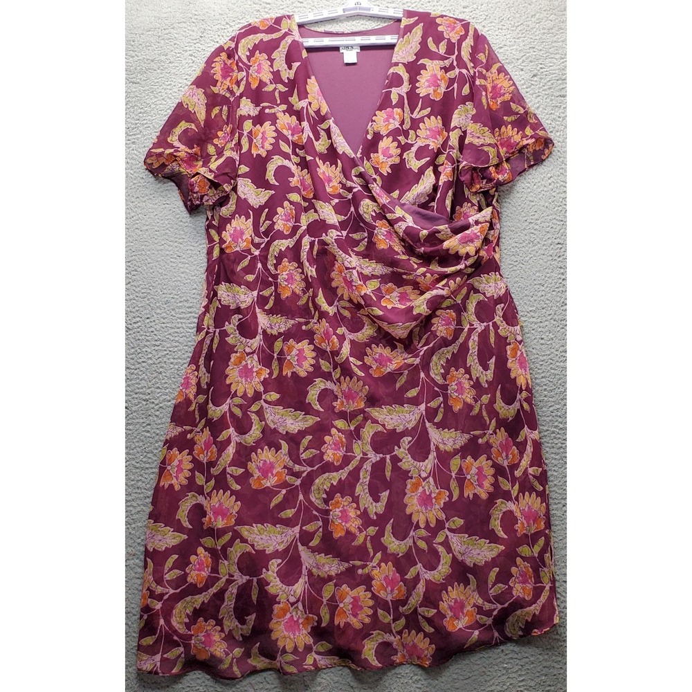 JBS Dress Women 32W Multicolor Floral Lined Lightweight Short Sleeve Wrap V-Neck